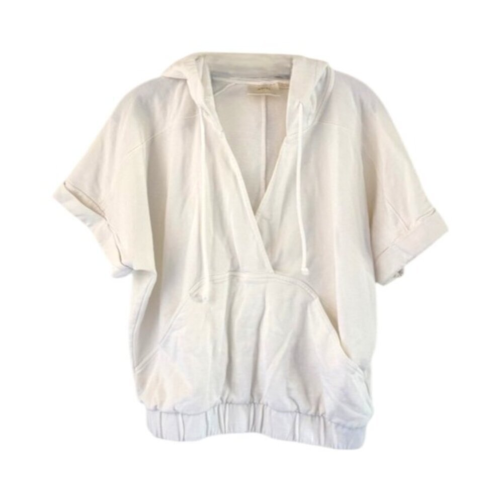 Maeve Anthropologie White Short Sleeves V-Neck Hoodie Sweatshirt XXS 41086
